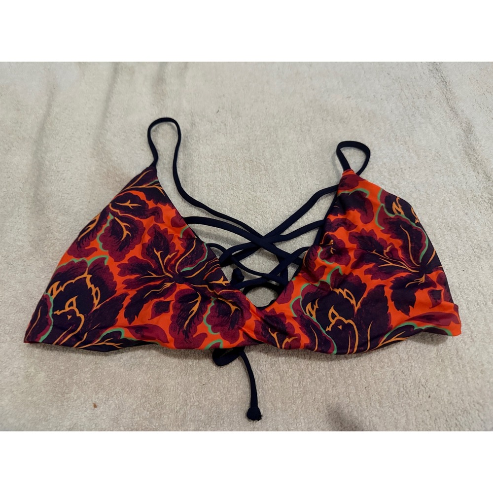 L*Space Bikini Top D/D Floral Tropical Lace Up Front Orange Purple Strappy Back